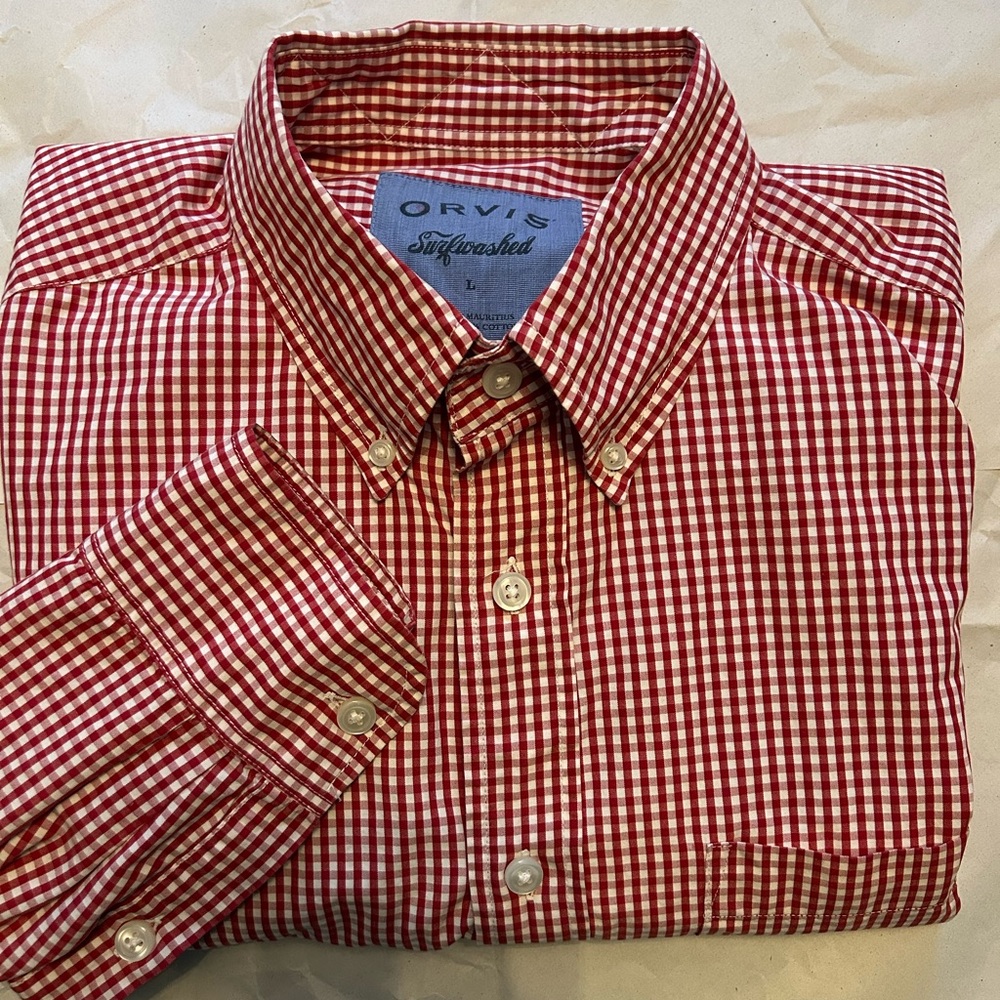Orvis Surfwashed Gingham Plaid Button Down Shirt Men Large Long Sleeve Red White